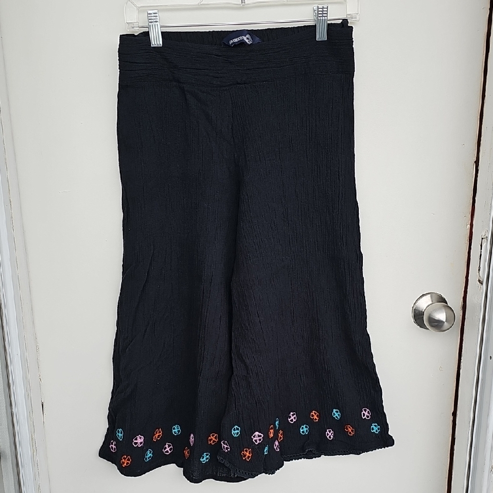 Black Wide-Leg Pants with Colorful Embroidery,M